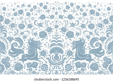 Vector abstract seamless border, turquoise blue unicorn print on white background.Floral pattern from hand drawn rose flowers, fantasy leaves and fairy tale animal, ornate cute horse.Wallpaper fringe