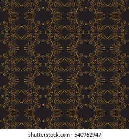 Vector abstract seamless bronze openwork pattern. Wavy pattern with geometrical order. Dark gold, shiny metal twinkles on a dark black background