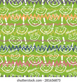 Vector abstract seamless cats muzzle pattern with emotions and text meow 