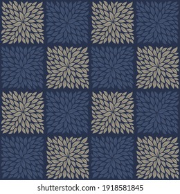 Vector abstract seamless checkerboard structure motif leaves. Blue background.