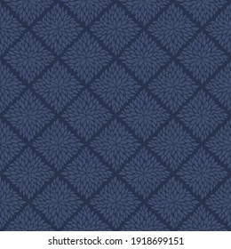 Vector abstract seamless checkerboard structure motif leaves. Blue background.