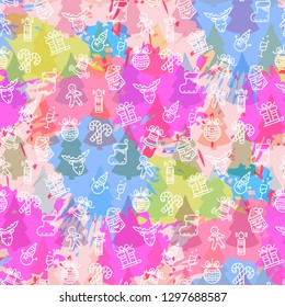 Vector abstract seamless Christmas pattern with Santa Claus, gifts,christmas tree,on the colorful blots ink background.New Year