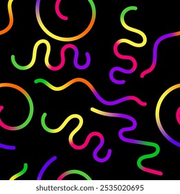 Vector Abstract Seamless Colored Gradient Shapes Set. Squiggly Design Elements. Graphic with Wavy Lines in Rainbow Colors. Colorful Fluid Wave Pattern.