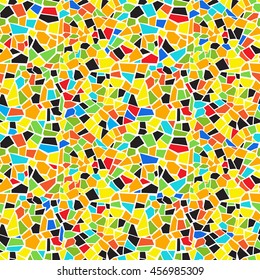 Vector abstract seamless colorful mosaic pattern. Green, yellow, orange, red, blue, black, white background. For design and decorate backdrop. Endless texture. Ceramic broken tile fragments.