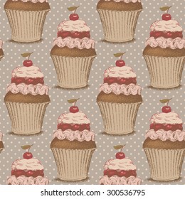 Vector abstract seamless colorful pattern from hand drawn cupcake silhouette with cream and cherry on the top. Brown hatched colored sketch on a dotted beige background 