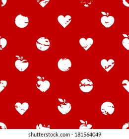 vector abstract seamless decorative grunge pattern with white apples, hearts and dots on red background