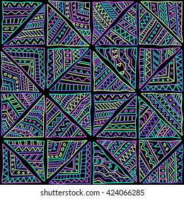 Abstraktes, nahtloses Doodle-Muster eines Vektors. Handgezeichnete Dreiecke, geometrische Ornamente, gewölbte Streifen und Fantasy-Arabeske. Textil-Fliesenmuster Vintage Druck.  Neongrün, Magenta, Gelb, rosafarbene Farben