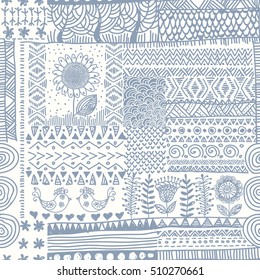 Vector abstract seamless doodle pattern. Blue white hand drawn patchwork. Endless pattern can be used for ceramic tile, wallpaper, wrapping paper, linoleum, textile, web page background