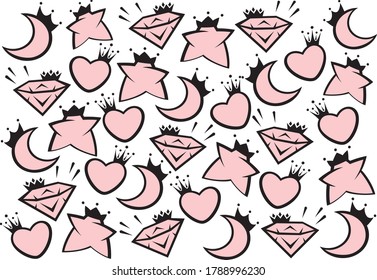 Vector abstracto fielmente elegante ilustración de fondo de cintura de corazones diamantes lunas y estrellas con coronas