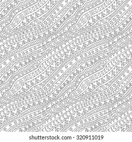 Vector abstract seamless fantasy pattern of silver grey hand drawn outline geometrical ornaments, freehand stripes on a white background. Textile print.  Page fill. Coloring book illustration