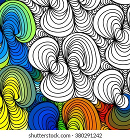 Vector abstract seamless fantasy pattern of black white hand drawn outline ornament and colorful background. Coloring book pattern