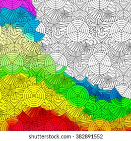 Vector abstract seamless fantasy pattern of black white hand drawn outline ornament and colorful background. Coloring book pattern