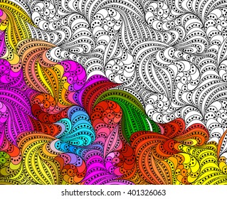 Vector abstract seamless fantasy pattern of black white hand drawn outline ornament and colorful background. Coloring book pattern