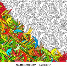 Vector abstract seamless fantasy pattern of black white hand drawn outline ornament and colorful background. Coloring book pattern