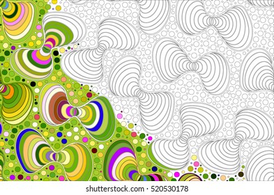 Vector abstract seamless fantasy pattern of black white hand drawn outline ornament and colorful background. Coloring book pattern