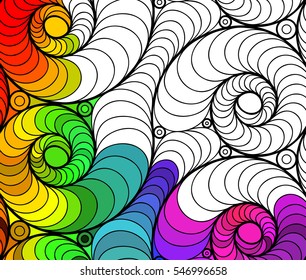 Vector abstract seamless fantasy pattern of black white hand drawn outline ornament and colorful background. Coloring book pattern