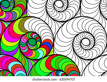 Vector abstract seamless fantasy pattern of black white hand drawn outline ornament and colorful background. Coloring book pattern