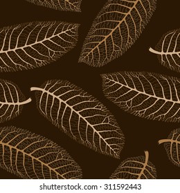 Vector abstract seamless floral autumn pattern with lacy bronze and gold beige walnut leaves silhouette on a dark brown black background. Thanksgiving Day and Halloween party decoration.