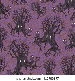 Vector  abstract seamless floral fantasy pattern of dark grey tree silhouette with yellow eyes, contoured owl on a dappled beige ginger orange and purple blue background. Halloween party decoration