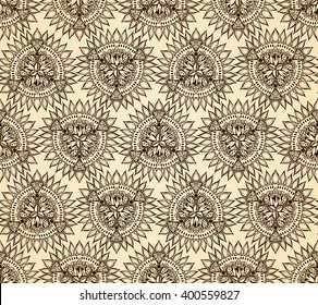 Vector abstracto de fondo geométrico floral sin fisuras, de color beige y negro con elementos ornamentales con patrones étnicos. Patrón de Mandala de flores de estilo en diseño vintage