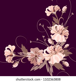 Vector abstract seamless floral pattern of light brown pastel flowers on a contrast dark violet background