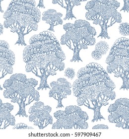 Vector abstract seamless floral pattern. Light grey blue trees on a white background. Auto trace of hand drawn pencil sketch. Arbor Day wallpaper. Textile print, batik, wrapping paper, page fill