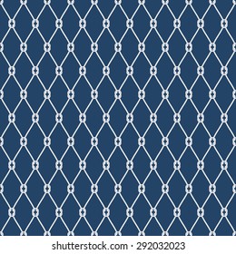 Vector abstract seamless geometric background. Light grey fishnet mesh from free loops on a dark indigo blue background. 