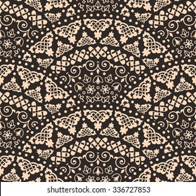 Vector abstract seamless geometric background from beige and black fan shaped ornate elements with ethnic patterns. Style mandala pattern in vintage design