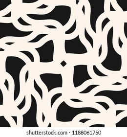 Vector abstract seamless geometric pattern. Monochrome background with curved shapes, tangled lines, mesh, fabric, weave, tissue. Black and white texture. Repeating design for decor, covers, prints