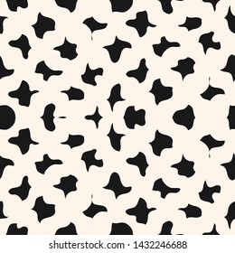 Vector abstract seamless geometric pattern. Monochrome background with fluid shapes, chaotic spots, blots. Simple black and white minimal texture. Repeat design for decor, wallpapers, textile, print