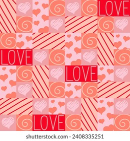 Vector abstract, seamless geometric pattern of pink tiles with a heart and the inscription love, for Valentine's Day. Fashionable cage. for print, paper, Internet, social networks.