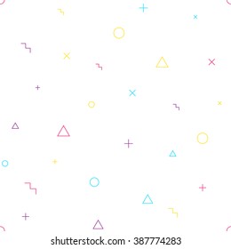 Vector abstract seamless geometric pattern. Different colorful shapes: triangle, circle, stairs, cross and plus.