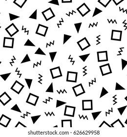 Vector abstract seamless geometric pattern in memphis style. Black white monochrome square, swirl, triangle fashion hipster print for wallpaper, wrapping, textile shirt.