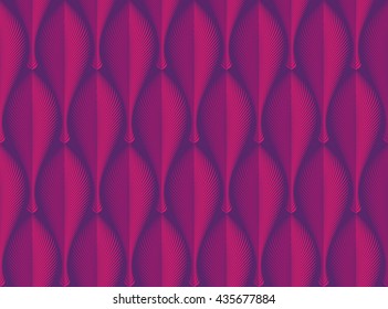 Vector abstract seamless geometric rhythmical purple pattern. Art deco style. Repeat decorative feather, leaf, fan with edge. Wallpaper for PC, laptop or phone. Wrapping paper. 