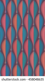 Vector abstract seamless geometric rhythmical orange and blue pattern. Art deco style. Repeat decorative feather, leaf, fan with edge. Wallpaper for PC, laptop or phone. Wrapping paper. Textile