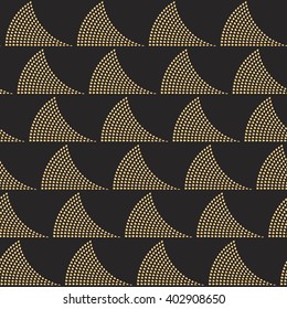 Vector abstract seamless geometrical art deco pattern. Stylized ocean waves from small golden beige drop-shaped elements on a dark black background. Page fill, wrapping paper, wallpaper, batik paint