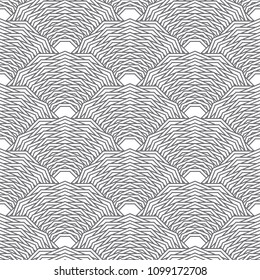 Vector abstract seamless geometrical background from black and white fan shaped ornate elements in Art Deco style. Wallpaper, textile print, batik, wrapping paper, album cover, page fill