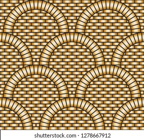 Vector abstract seamless geometrical background from metallic gold tile elements with regular wavy layout. Golden brick wall surface with circular arches. Wallpaper, web page, texture map