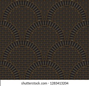 Vector abstract seamless geometrical background from contour linear metallic gold tile elements with regular wavy layout. Golden brick wall surface with circular arches. Wallpaper, web page, texture 