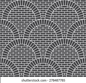 Vector abstract seamless geometrical background from dark grey tile elements with regular wavy layout. Black brick wall surface with circular arches