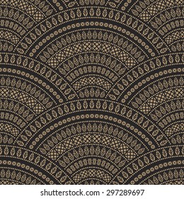 Vector abstract seamless geometrical background from dark beige and black fan shaped ornate elements with ethnic patterns 