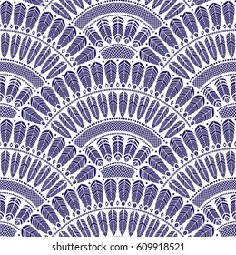 Vector abstract seamless geometrical background from dark indigo blue fan shaped ornate elements with ethnic patterns on a white background Wallpaper, textile print, batik, wrapping paper, album cover