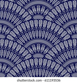 Vector abstract seamless geometrical background from silver grey fan shaped ornate elements with ethnic patterns on a dark indigo blue background. Wallpaper, textile print, batik, wrapping paper,cover