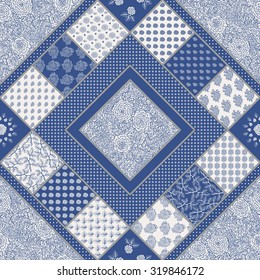  Vector abstract seamless geometrical patchwork pattern from  blue and light beige floral lacy ornaments from stylized rose flowers and leaves in Provence style. Textile design, batik paint