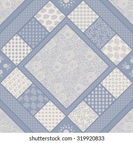  Vector abstract seamless geometrical patchwork pattern from blue and light beige floral lacy ornaments from stylized rose flowers and leaves in Provence style. Textile design, batik paint