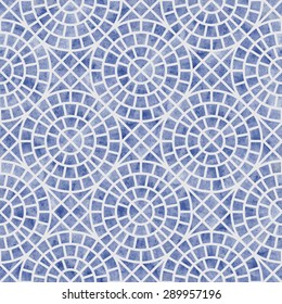 Vector abstract seamless geometrical pattern with blue watercolor texture on a light grey background