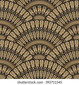 Vector abstract seamless geometrical wavy background from golden and black fan shaped ornate feathers and banners with ethnic patterns. Fish scale order.Batik painting. Oriental textile print.Art deco