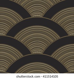 Vector abstract seamless geometrical wavy background from golden fan shaped ornate feathers, banners with ethnic patterns. Fish scale order. Batik painting. Oriental textile print. Art deco wallpaper