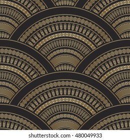 Vector abstract seamless geometrical wavy background from golden and black fan shaped feathers, banners, ethnic patterns. Fish scale ornament. Batik paint. Oriental textile print. Art deco wallpaper
