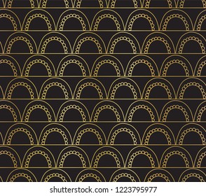 Vector abstract seamless gold foil geometric doodle background. Golden arcs on lines on black. Fish scale, elegant, oriental, Art deco design. Celebration, party invitations, Christmas, New Year, wrap